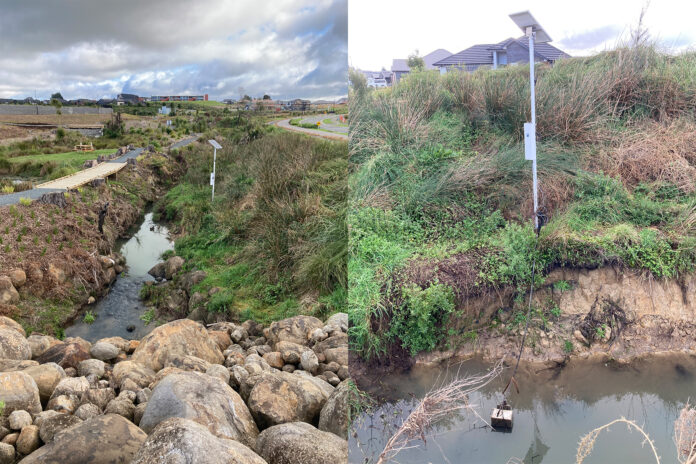 Figure 1. A typical in-stream TSS monitoring unit located in a stream running through a new residential subdivision with many sections still under construction.
