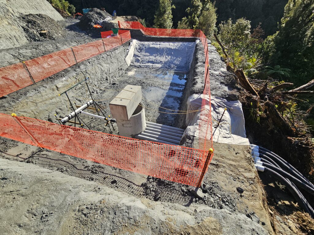 Figure 6. The temporary outlet system of the sediment pond during construction.