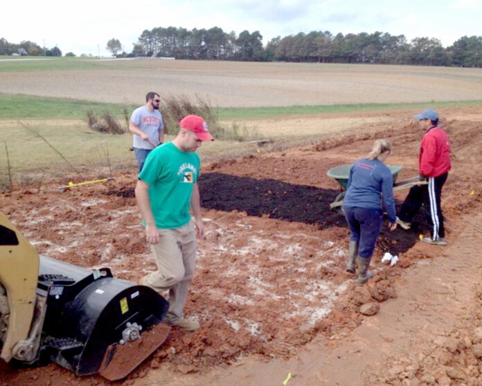 Photos of field plot establishment in the 2024 Islam et al. study: Clockwise from top left are topsoil removal, tillage and compost incorporation, established plots, and seeding.